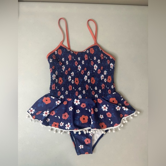 Ruffle Girl Blue Floral Smocked One Piece Swimsuit Size 3XL/8 - Picture 1 of 5